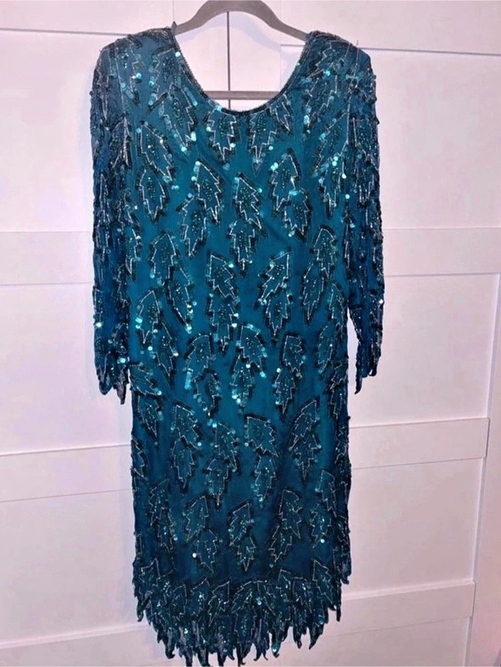 VINTAGE SCALA Beaded Abstract Mini Dress in Blue Size Small Like New